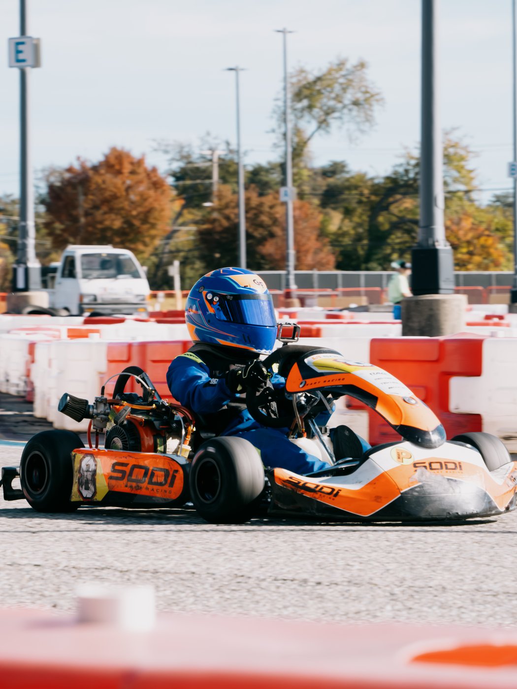Kaz on track in the SODI kart, mid-corner