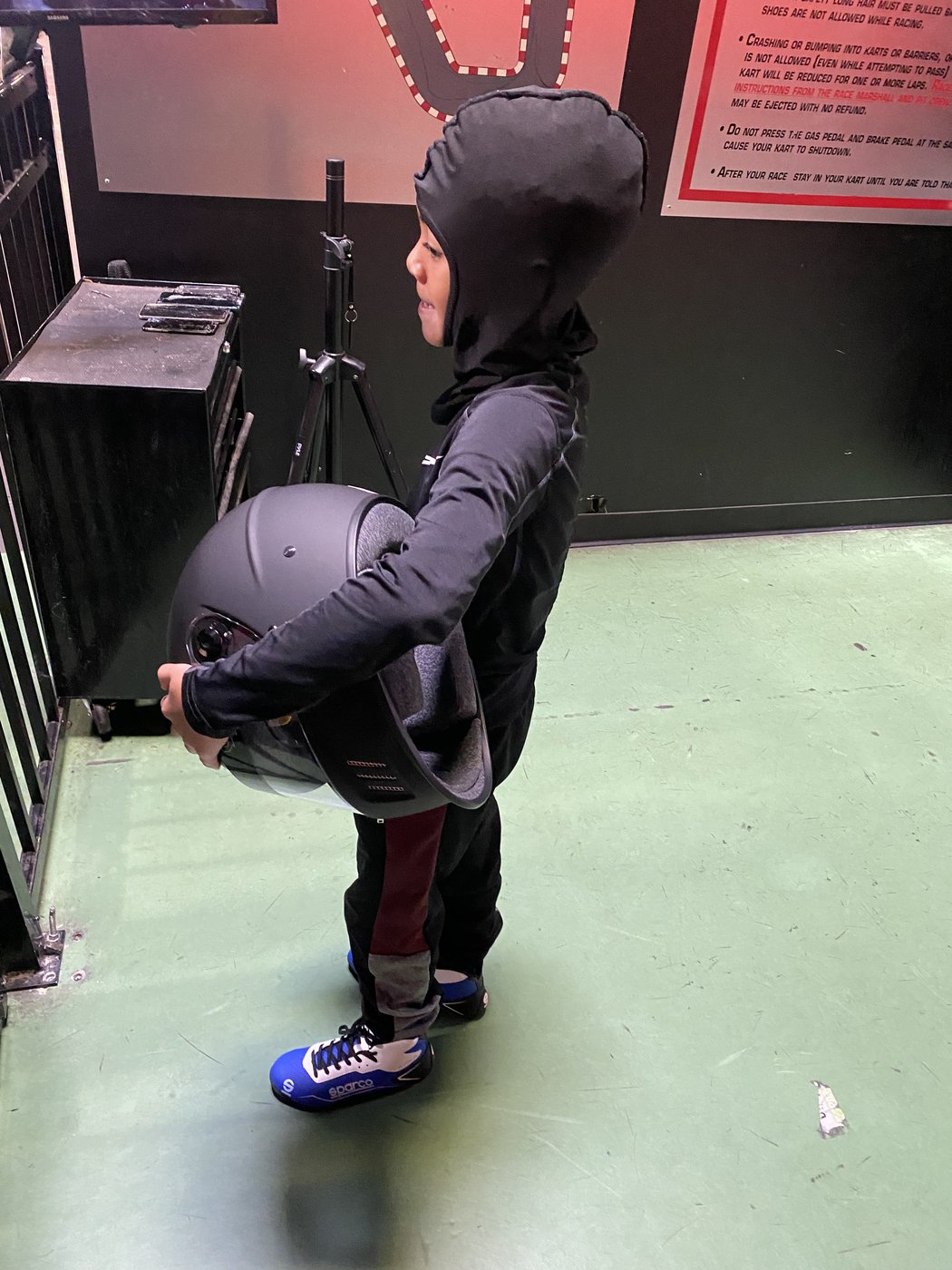 Kaz suited up at an early indoor karting session