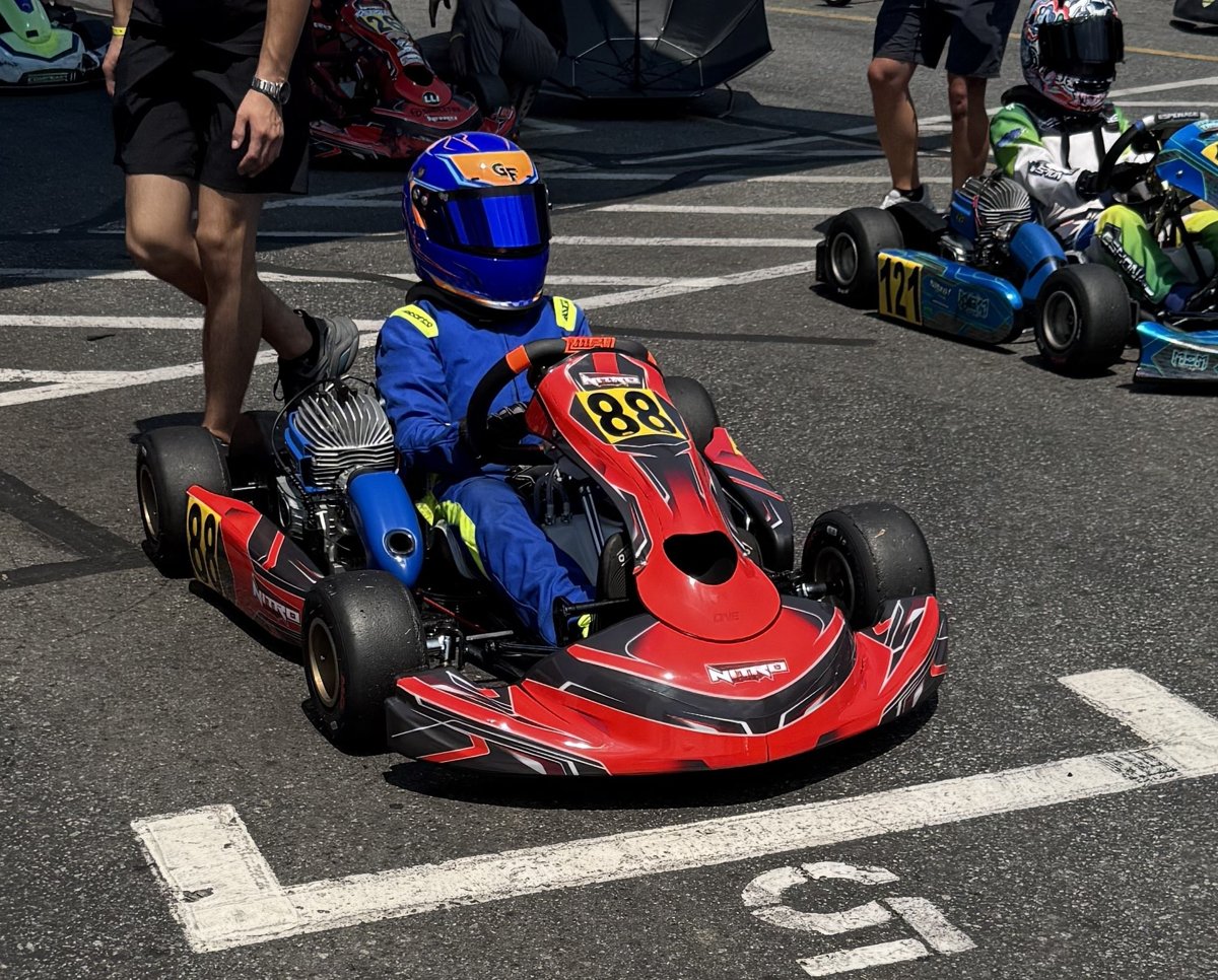Kaz's kart on race day, showing the nose cone and side pod bodywork